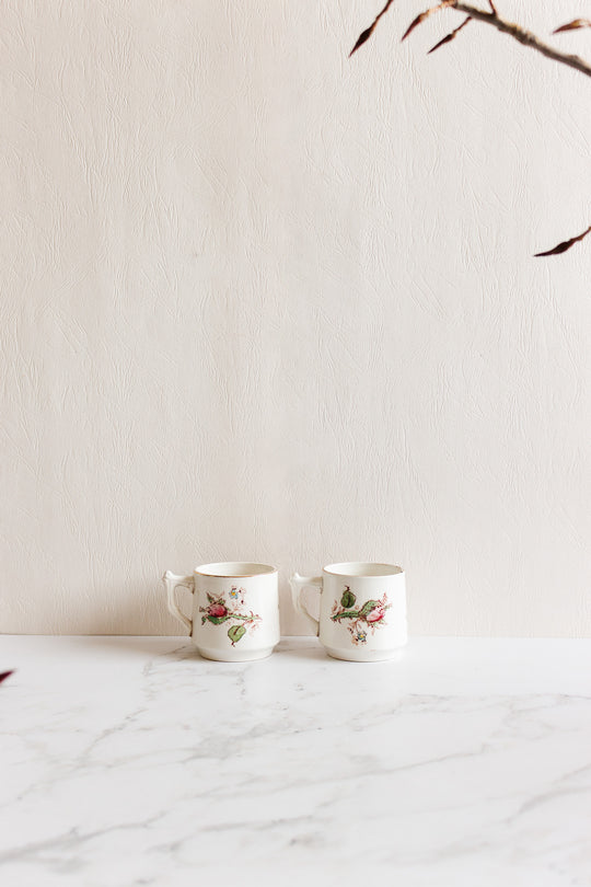 Two antique Gien transferware coffee cups with floral and bird designs rest on a white marble surface against a textured cream wall, their unique dimensions adding charm while branches with dark leaves frame the image.