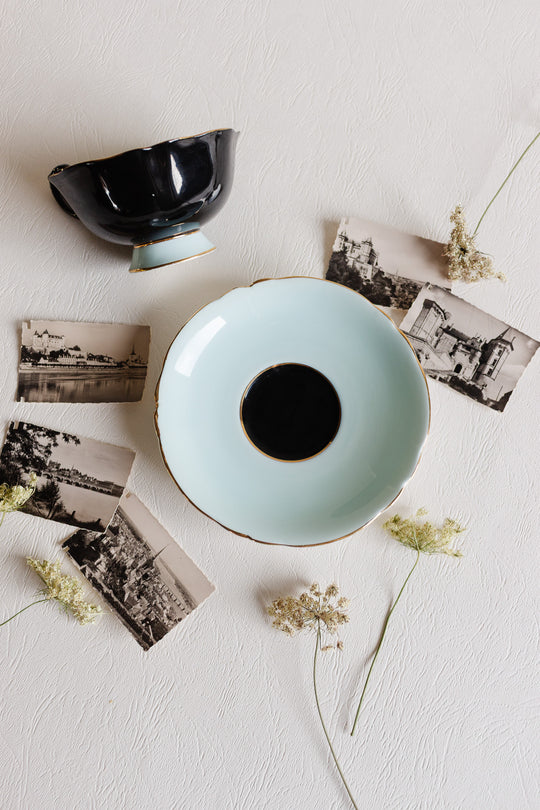 1930s double warrant paragon black and robin's egg blue teacup
