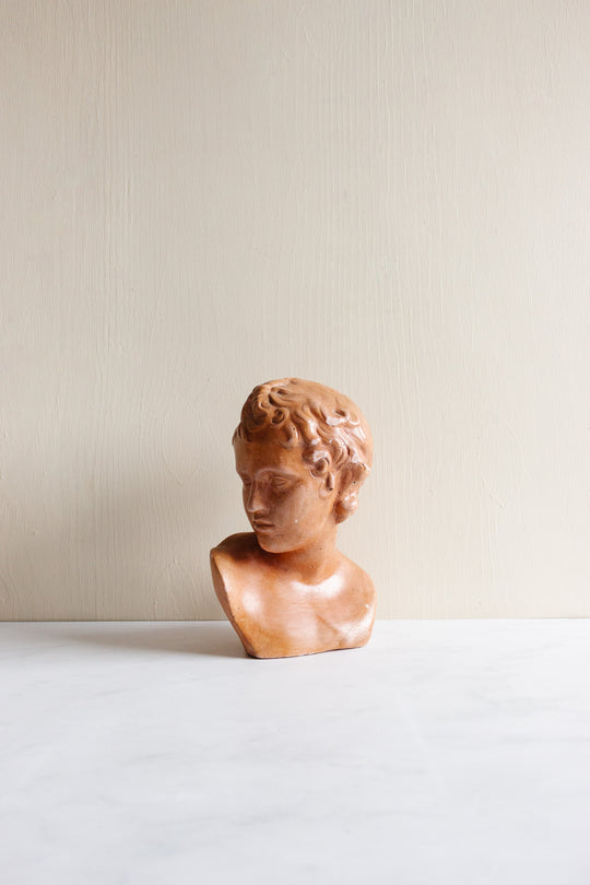 vintage French signed plaster bust, “le jeune homme”