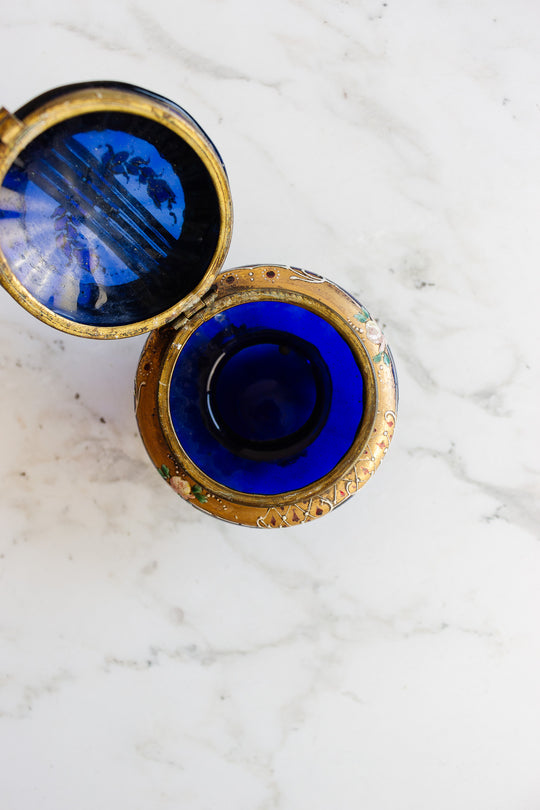 circa 1880 - 1900 cobalt blue moser glass and bronze trinket box