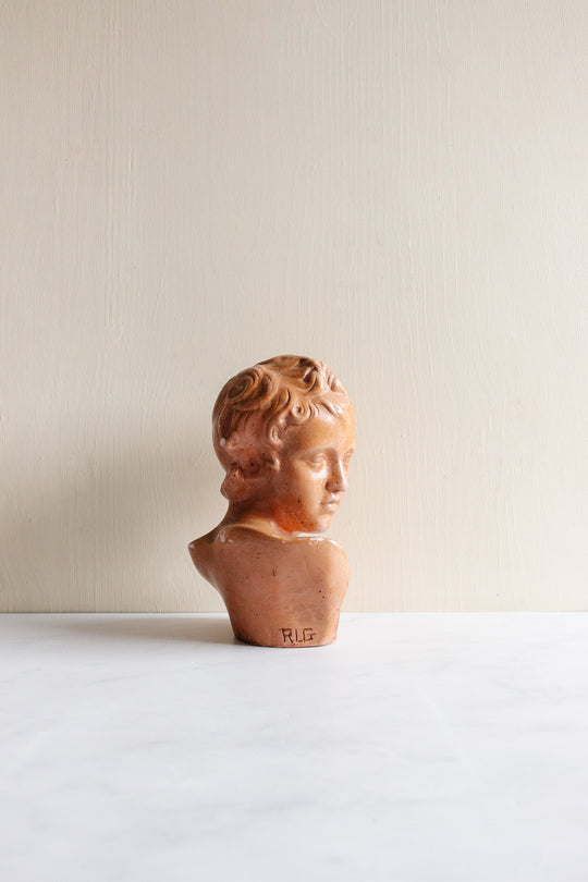 vintage French signed plaster bust, “le jeune homme”