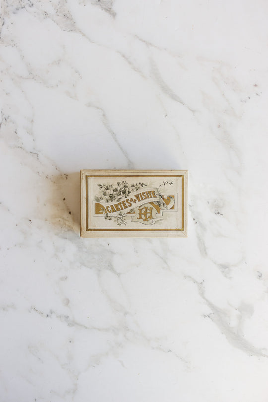 antique box of unused "cartes de visite" (visiting cards) in original illustrated box