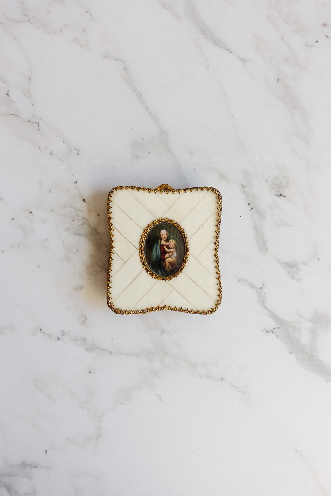 antique french miniature madonna and child portrait on porcelain in inlaid bone frame