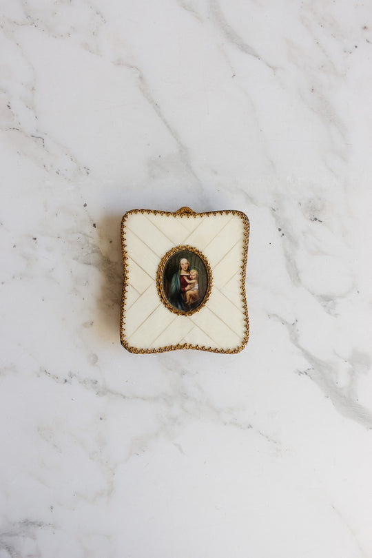 antique french miniature madonna and child portrait on porcelain in inlaid bone frame