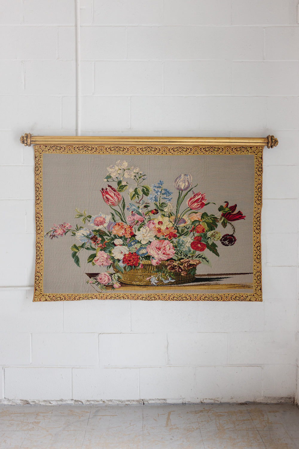 vintage french floral tapestry with gilt wood hanging rod