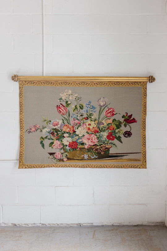vintage french floral tapestry with gilt wood hanging rod