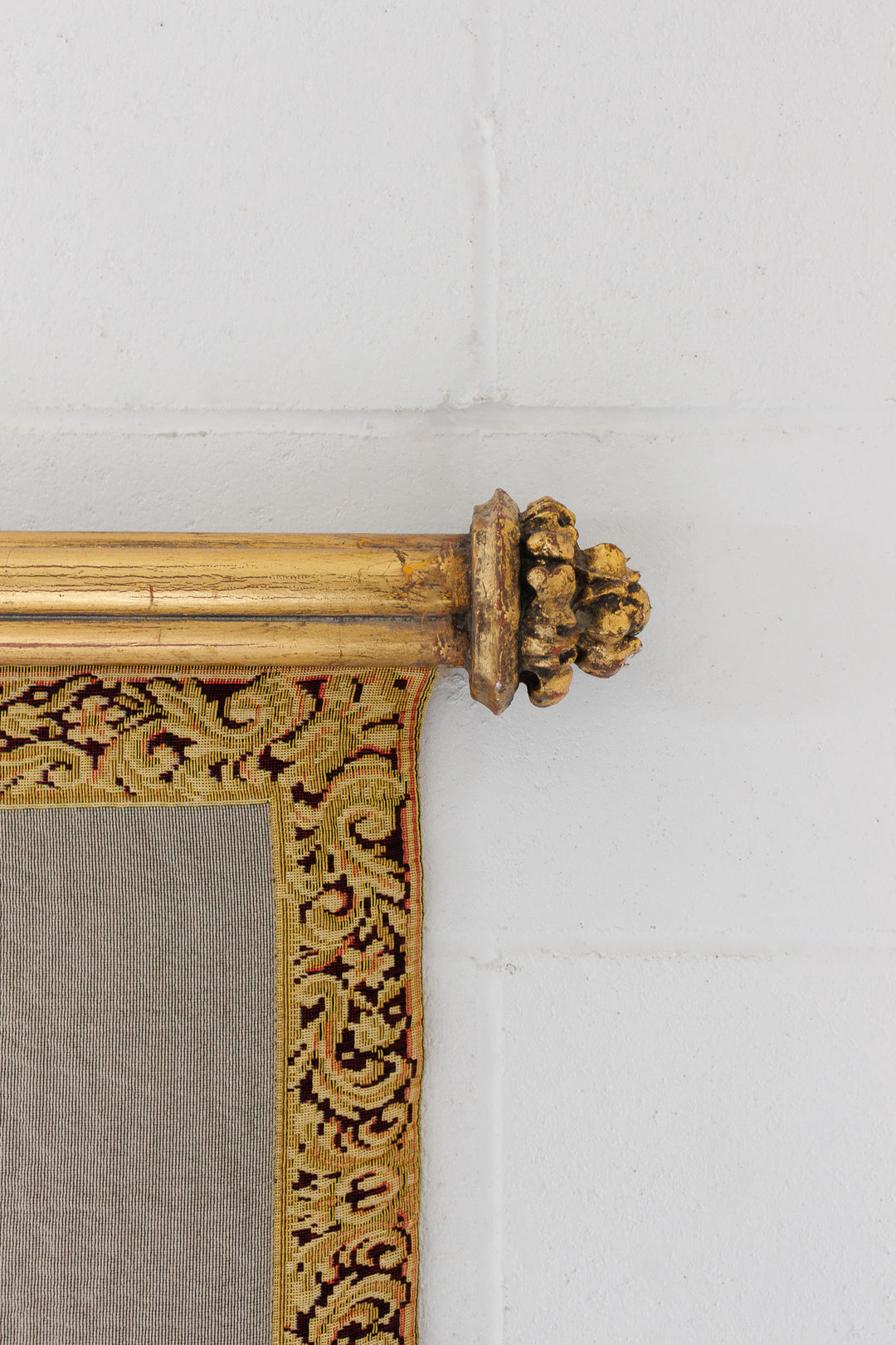 vintage french floral tapestry with gilt wood hanging rod