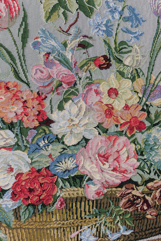 vintage french floral tapestry with gilt wood hanging rod