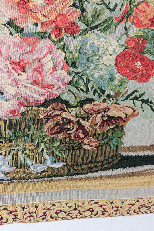 vintage french floral tapestry with gilt wood hanging rod