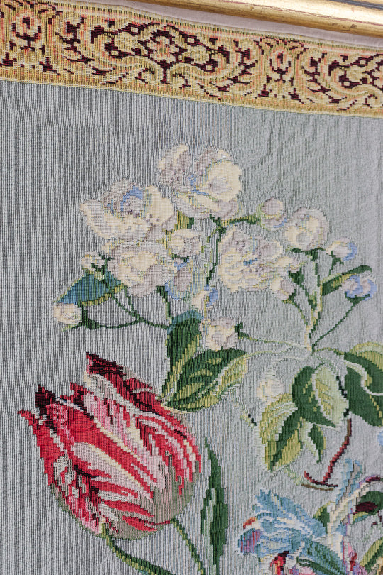 vintage french floral tapestry with gilt wood hanging rod