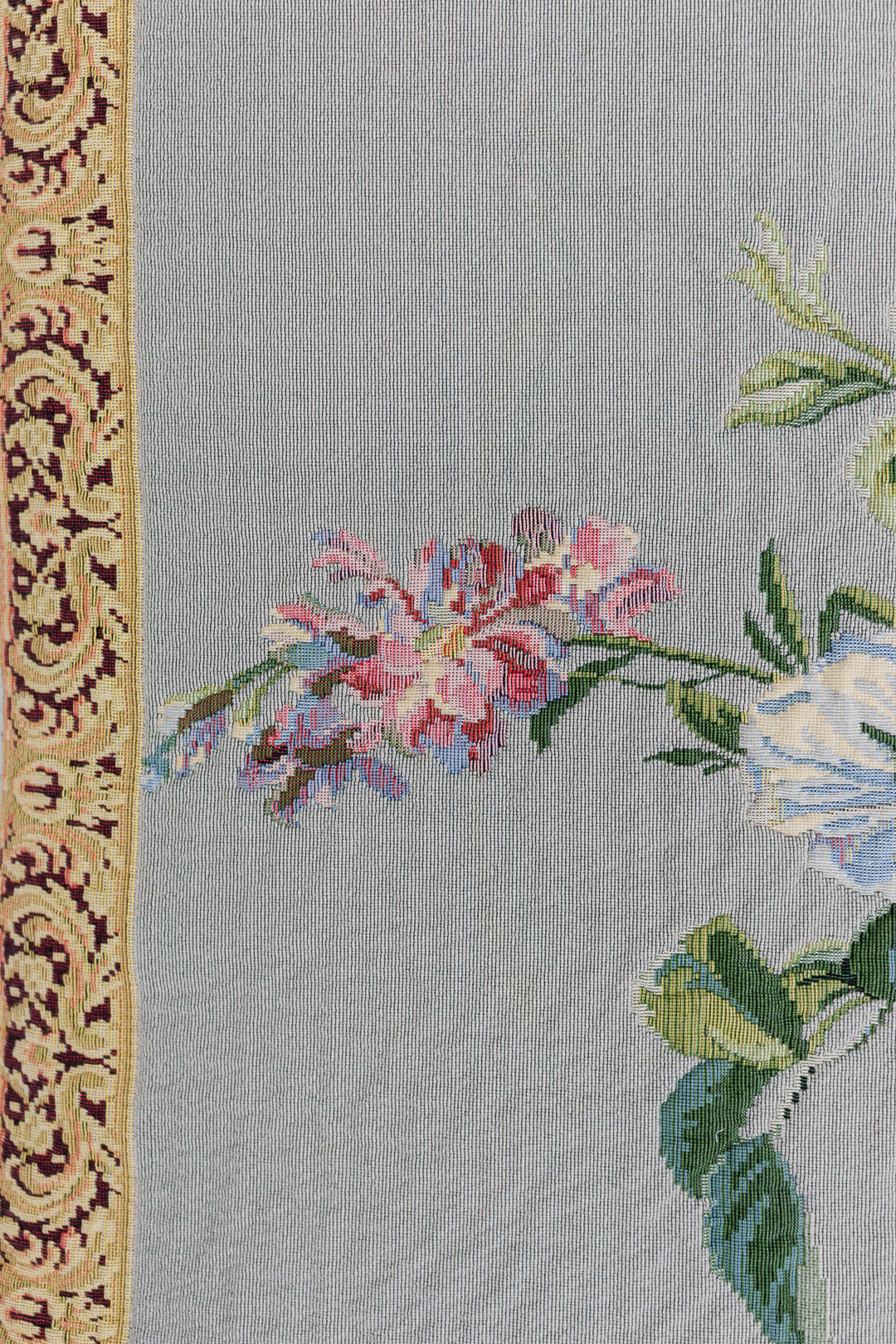 vintage french floral tapestry with gilt wood hanging rod
