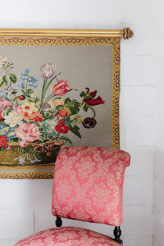 vintage french floral tapestry with gilt wood hanging rod