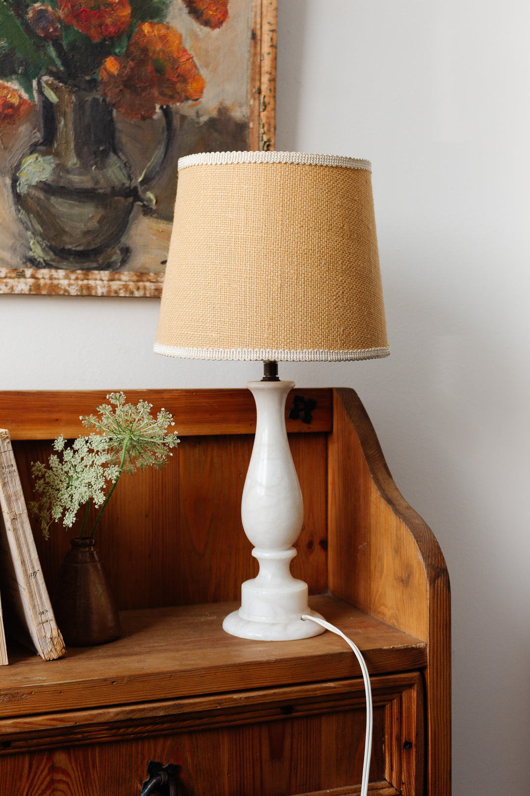 vintage french alabaster lamp with linen shade