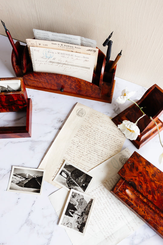 rare 1930s French burl elm wood desk set