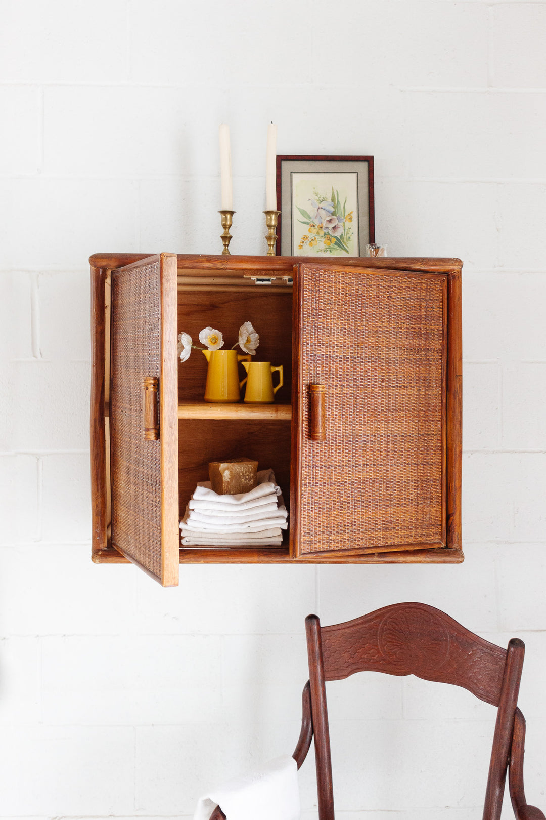 1970s french artisan made bamboo and rattan cabinet