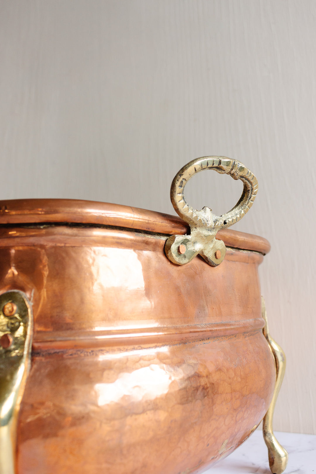 turn of the century English copper and brass firewood vessel