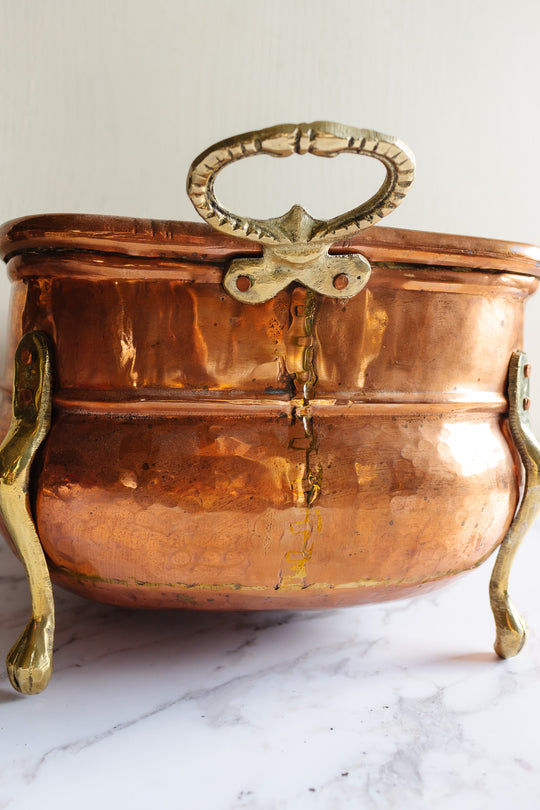 turn of the century English copper and brass firewood vessel
