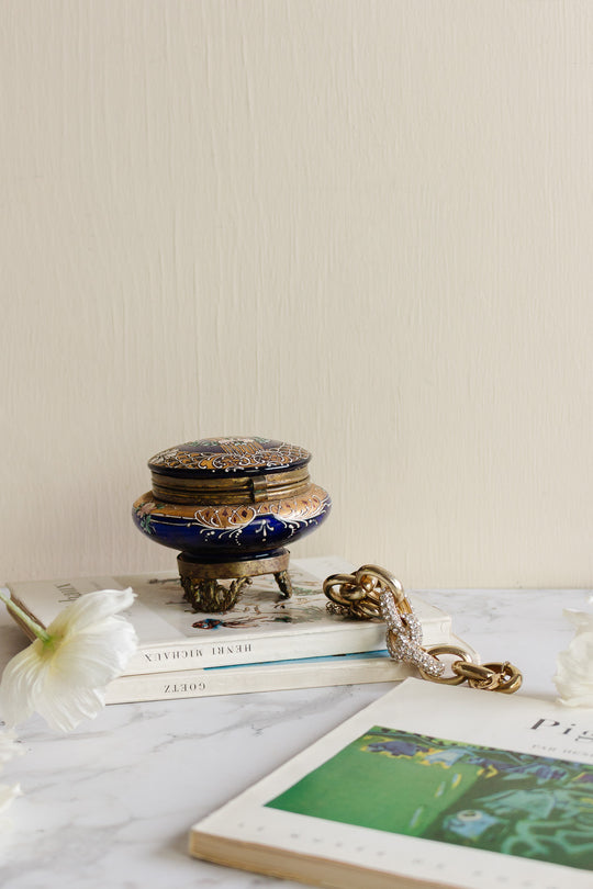 circa 1880 - 1900 cobalt blue moser glass and bronze trinket box
