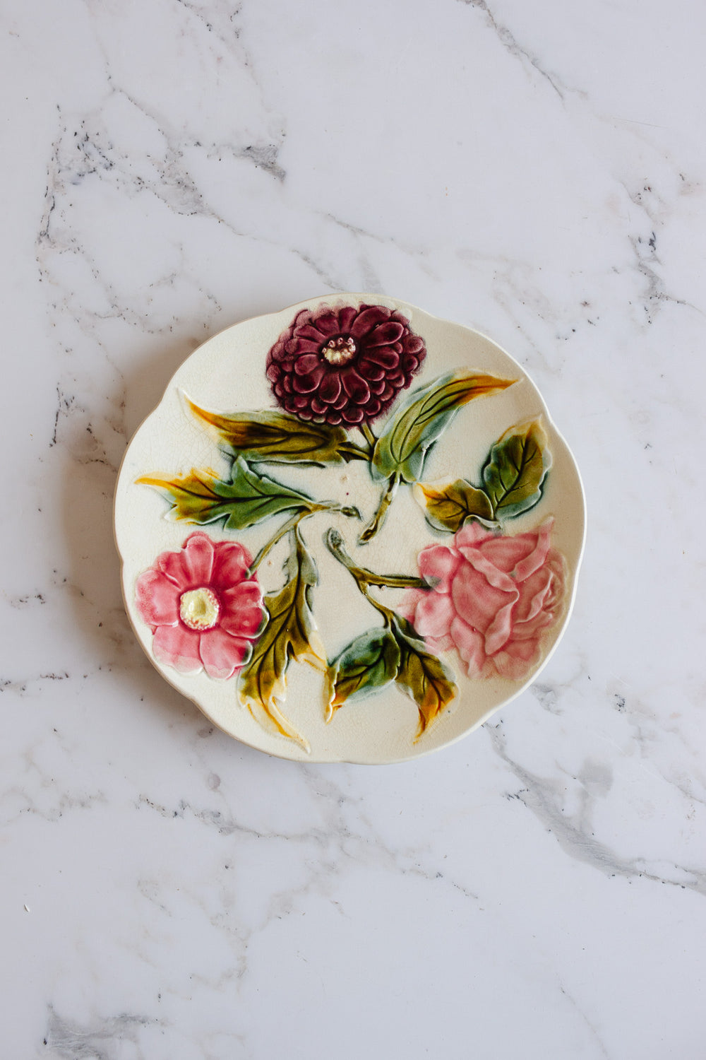 antique french hand painted floral majolica plates, set of 2