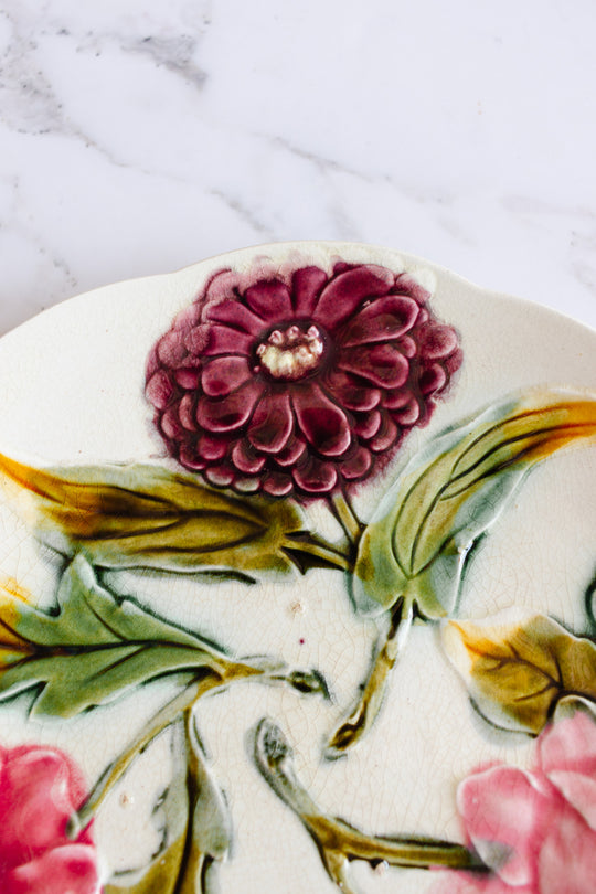 antique french hand painted floral majolica plates, set of 2