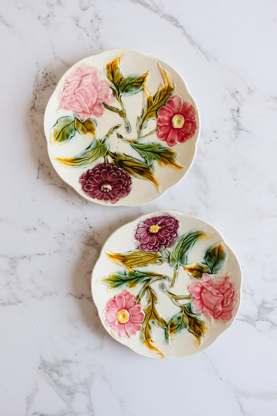 antique french hand painted floral majolica plates, set of 2