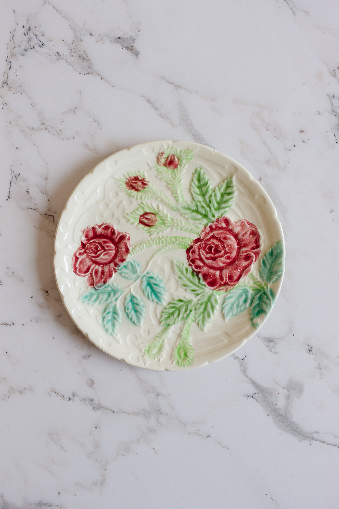 turn of the century French majolica rose plates