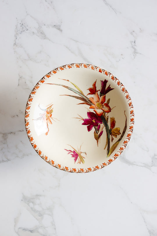 turn of the century porcelaine opaque de gien "glaïeul" polychrome compotier