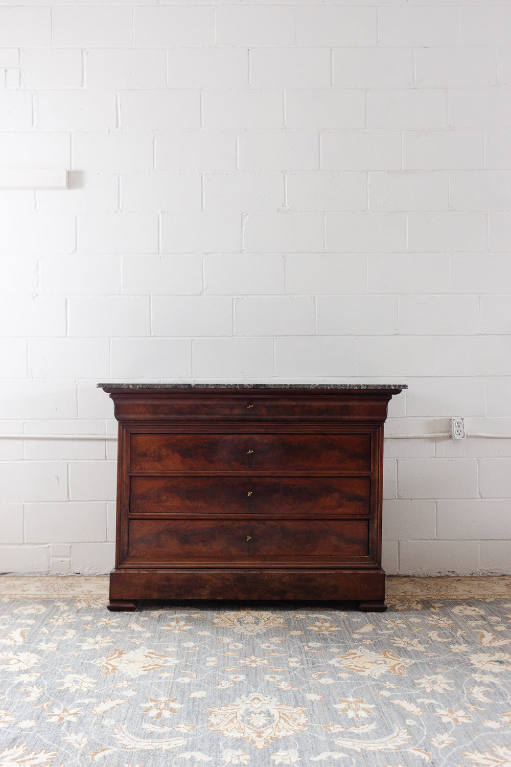19th century french flamed mahogany commode with marble top