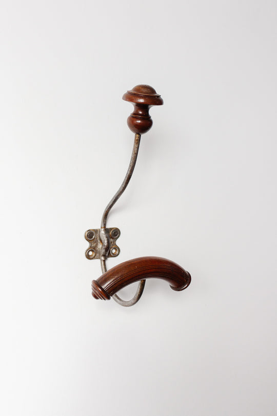 antique french wood and cast iron coat hook, mahogany