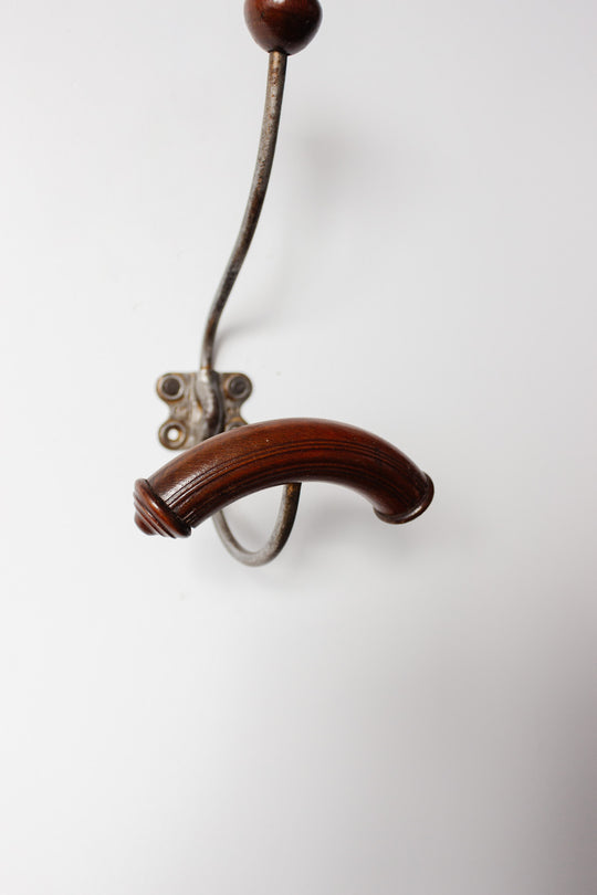 antique french wood and cast iron coat hook, mahogany