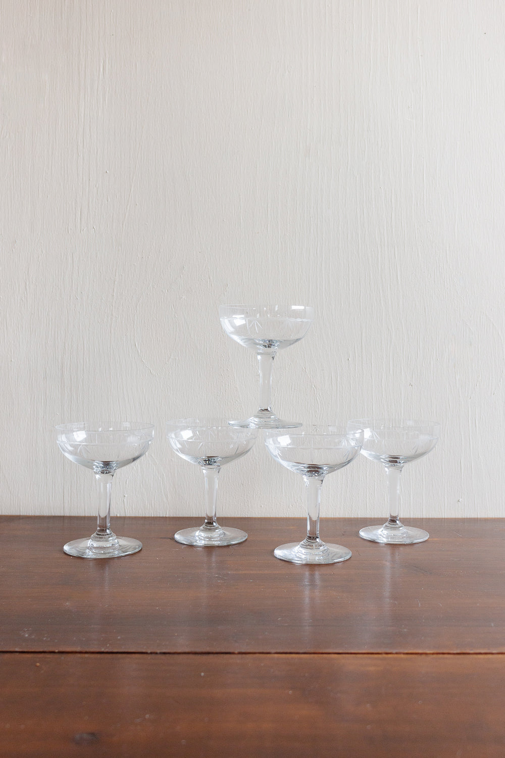 set of 5 vintage french etched champagne coupes