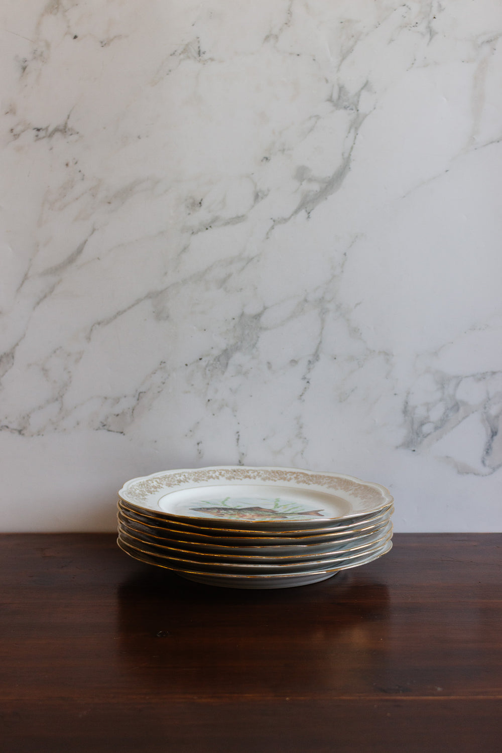 1930s société française de porcelaine fish plates, set of 7