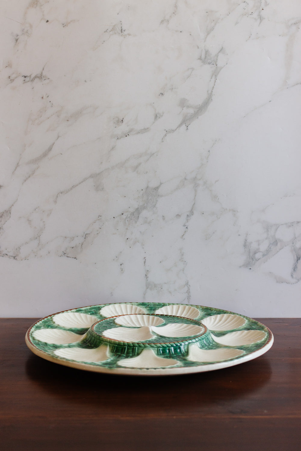 antique french large green basketweave oyster platter