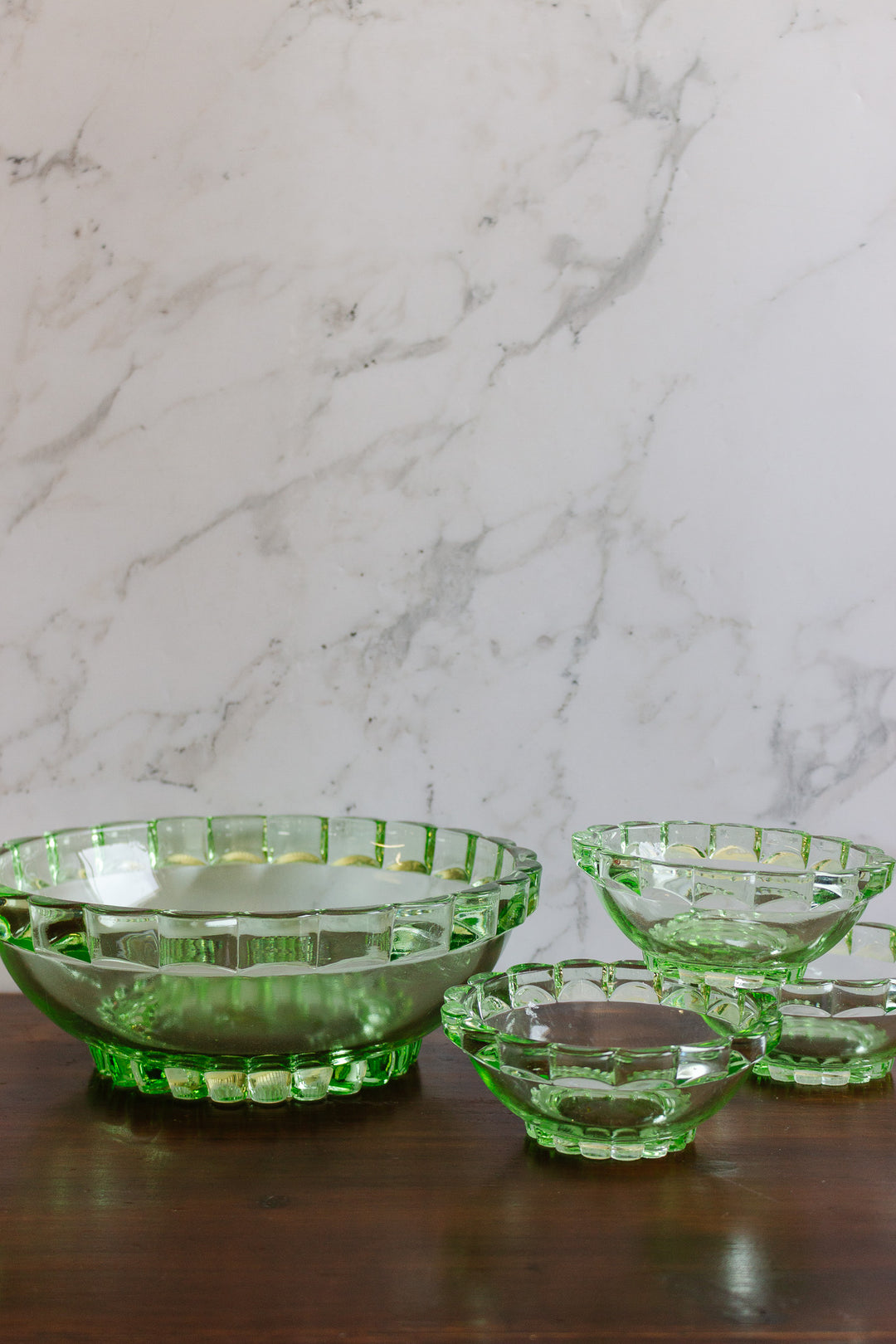 1930s art deco pressed green glass set