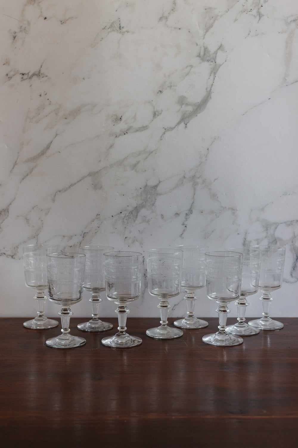 set of nine antique french etched wine glasses