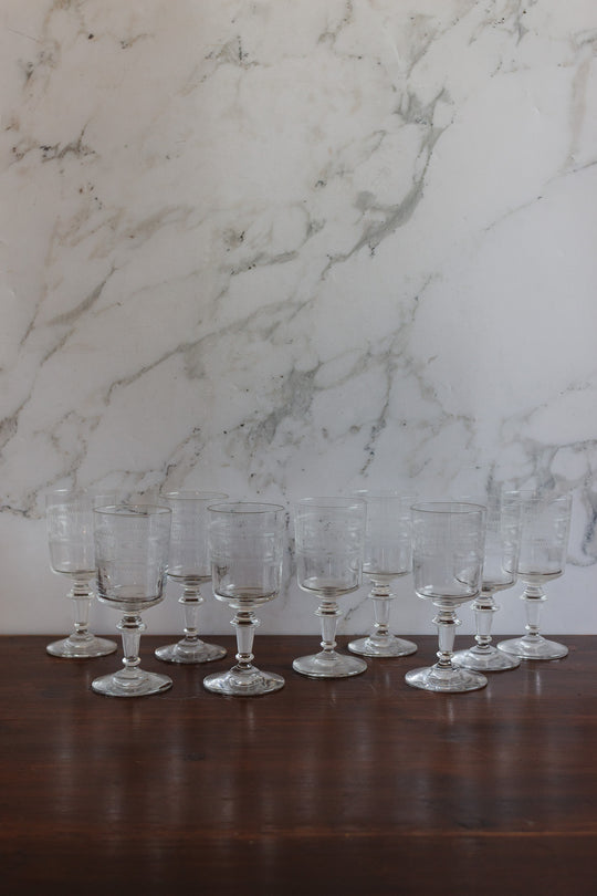 set of nine antique french etched wine glasses