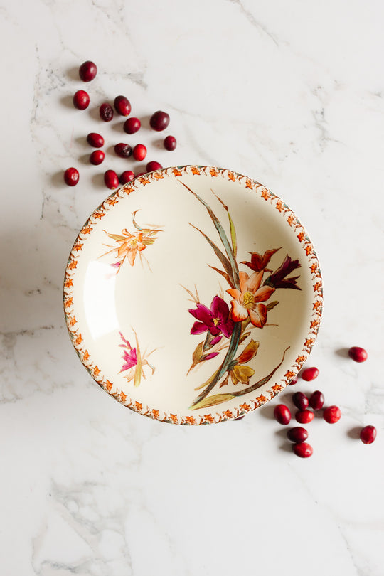 turn of the century porcelaine opaque de gien "glaïeul" polychrome compotier