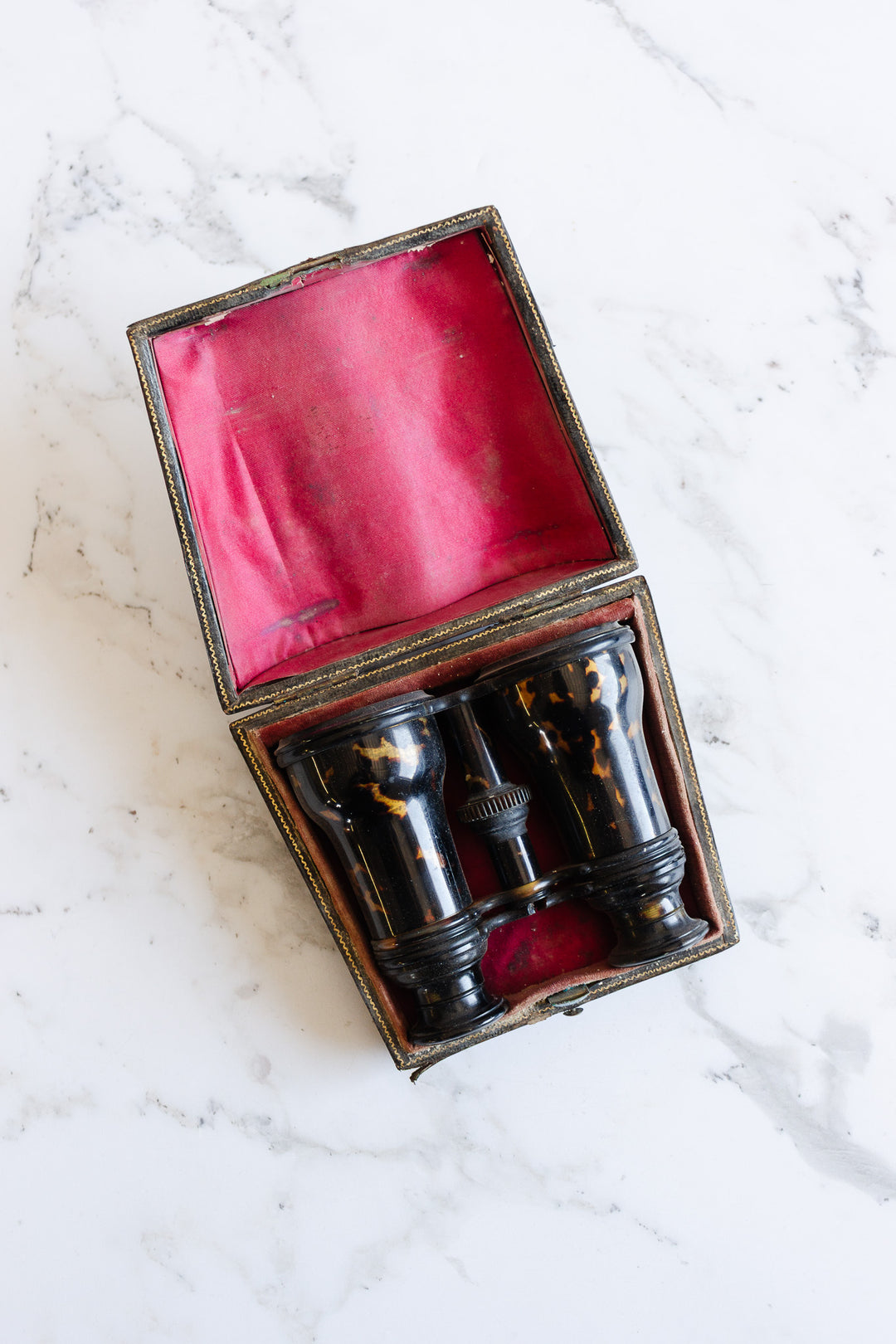 vintage french tortoise shell opera glasses in monogrammed leather case