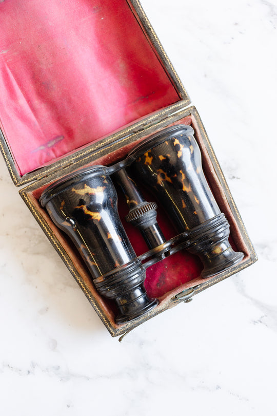 vintage french tortoise shell opera glasses in monogrammed leather case