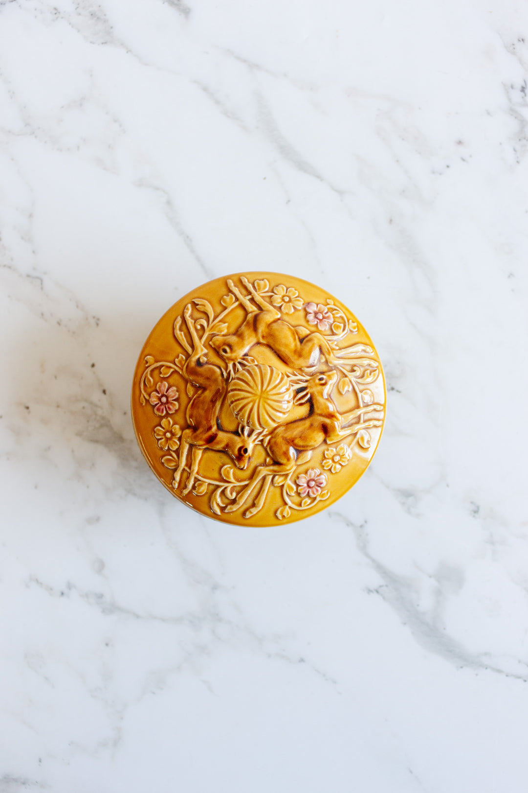 turn of the century french majolica deer lidded dish