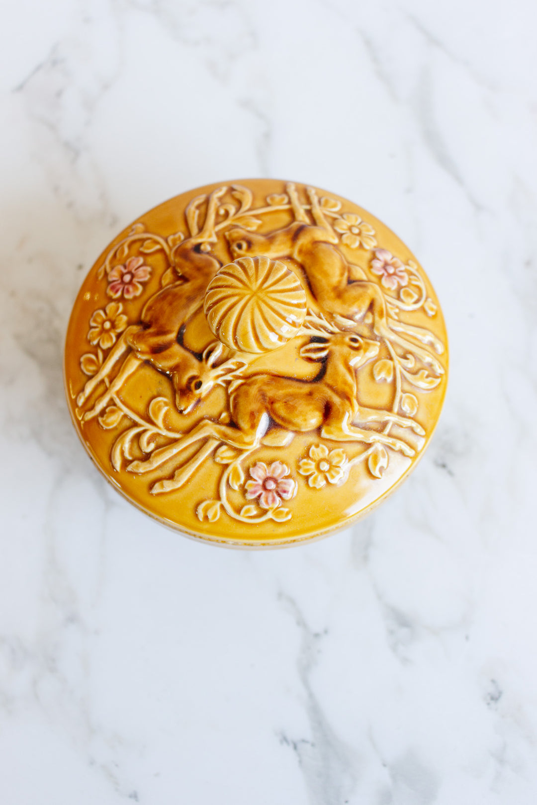turn of the century french majolica deer lidded dish