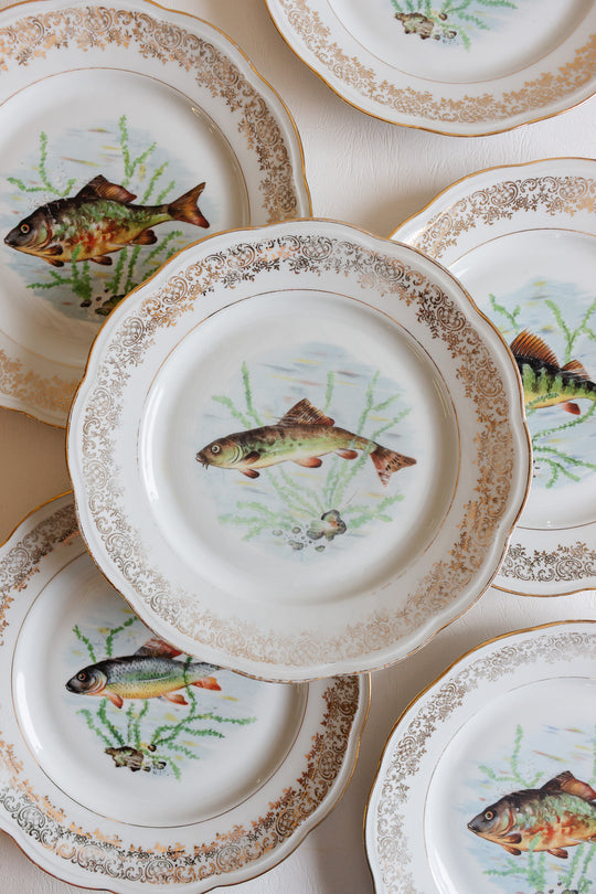 1930s société française de porcelaine fish plates, set of 7