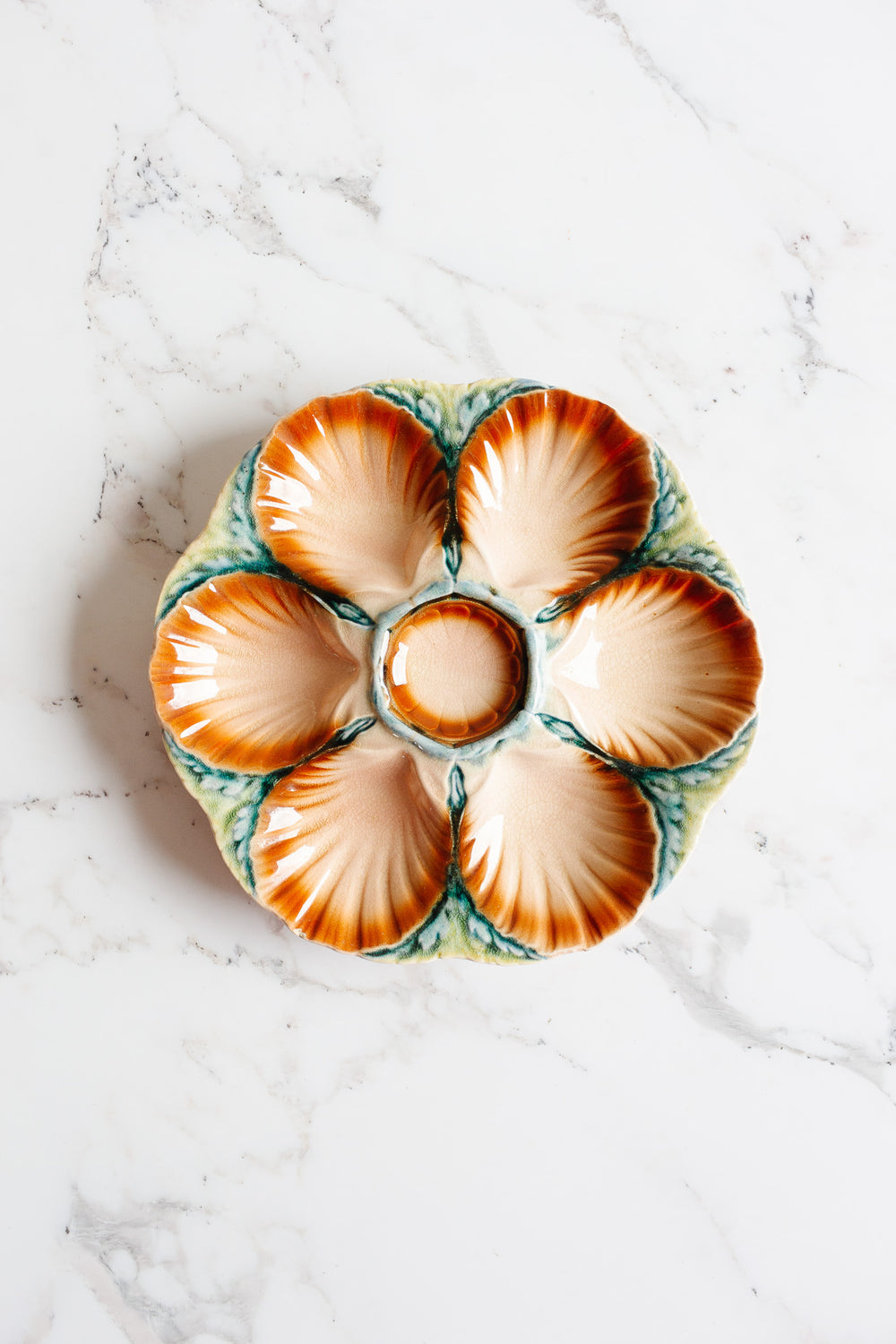 rare antique french Sarreguemines pink & burgundy majolica oyster plate