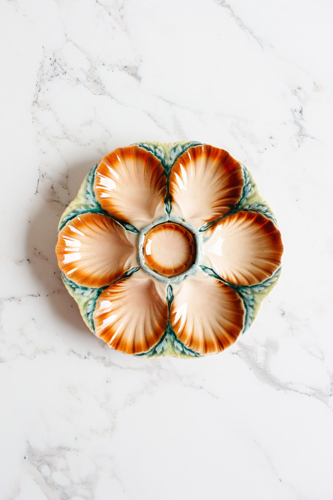 rare antique french Sarreguemines pink & burgundy majolica oyster plate
