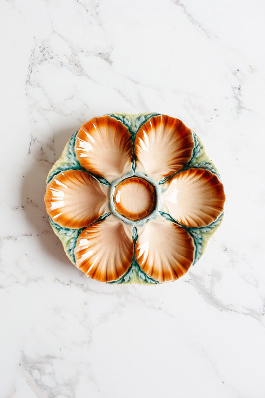 rare antique french Sarreguemines pink & burgundy majolica oyster plate