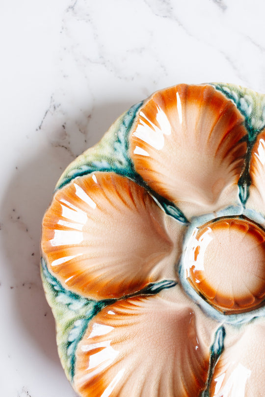 rare antique french Sarreguemines pink & burgundy majolica oyster plate