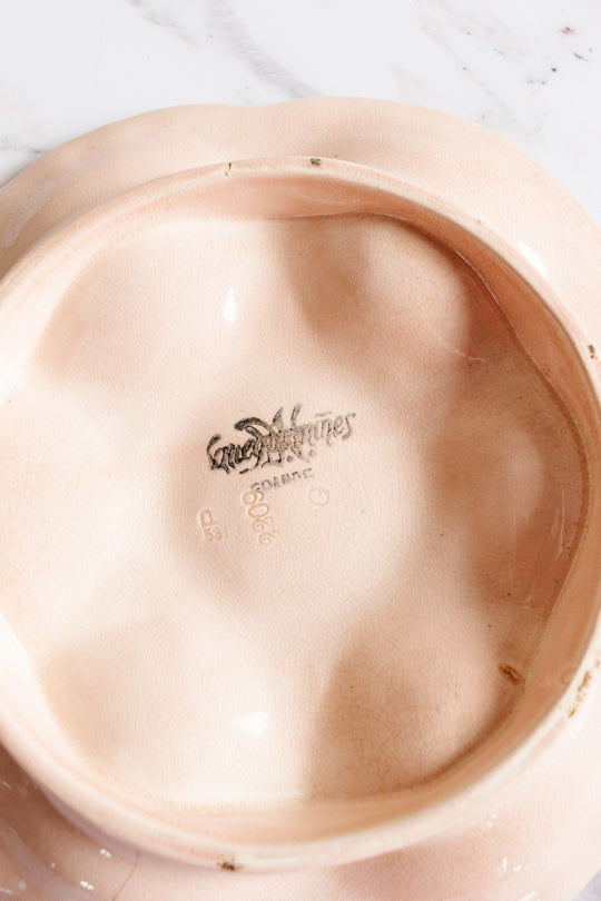 rare antique french Sarreguemines pink & burgundy majolica oyster plate