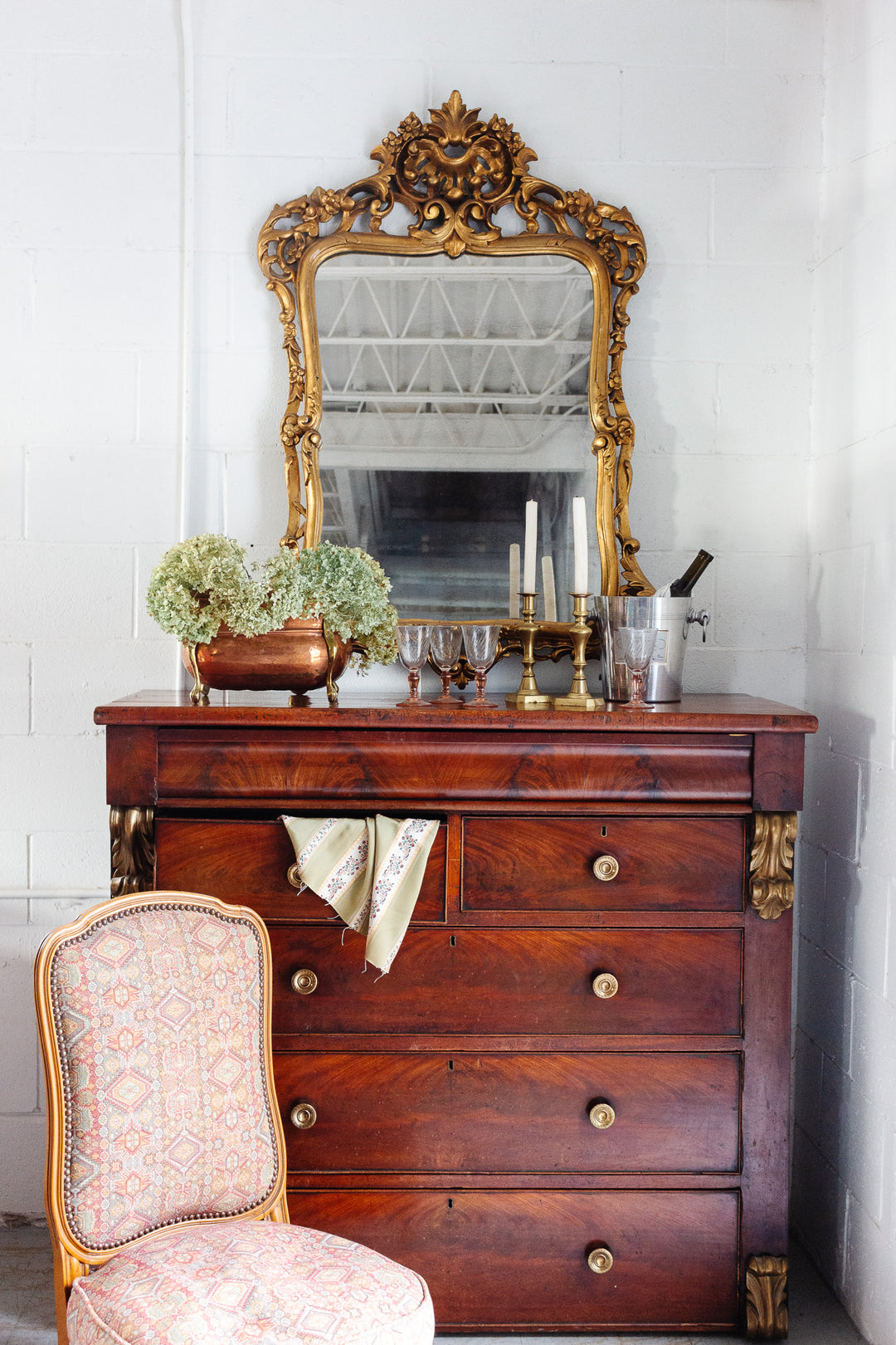 antique walnut Louis XV ladies chair with vintage Moroccan tastir-style jacquard upholstery