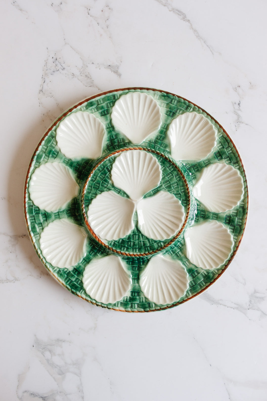 antique french large green basketweave oyster platter