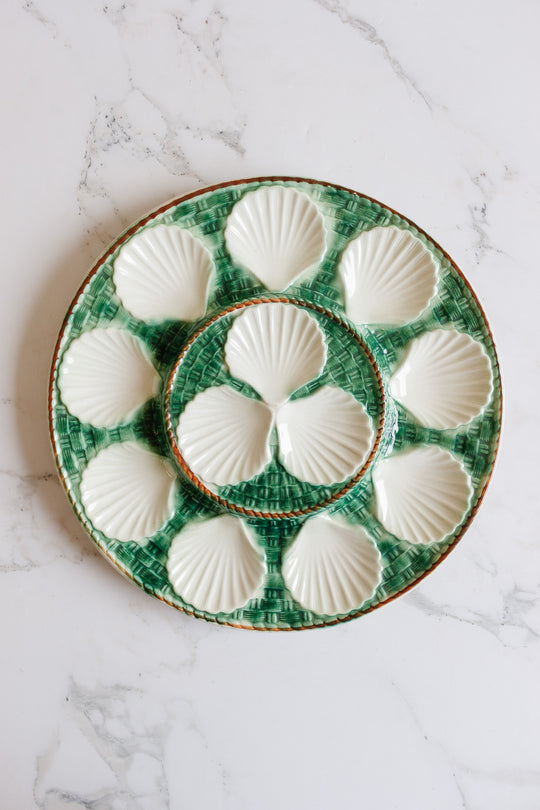 antique french large green basketweave oyster platter